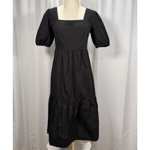 Rodebjer Women's Puff Sleeve Square Neck Midi Dress Black Size Small Cotton